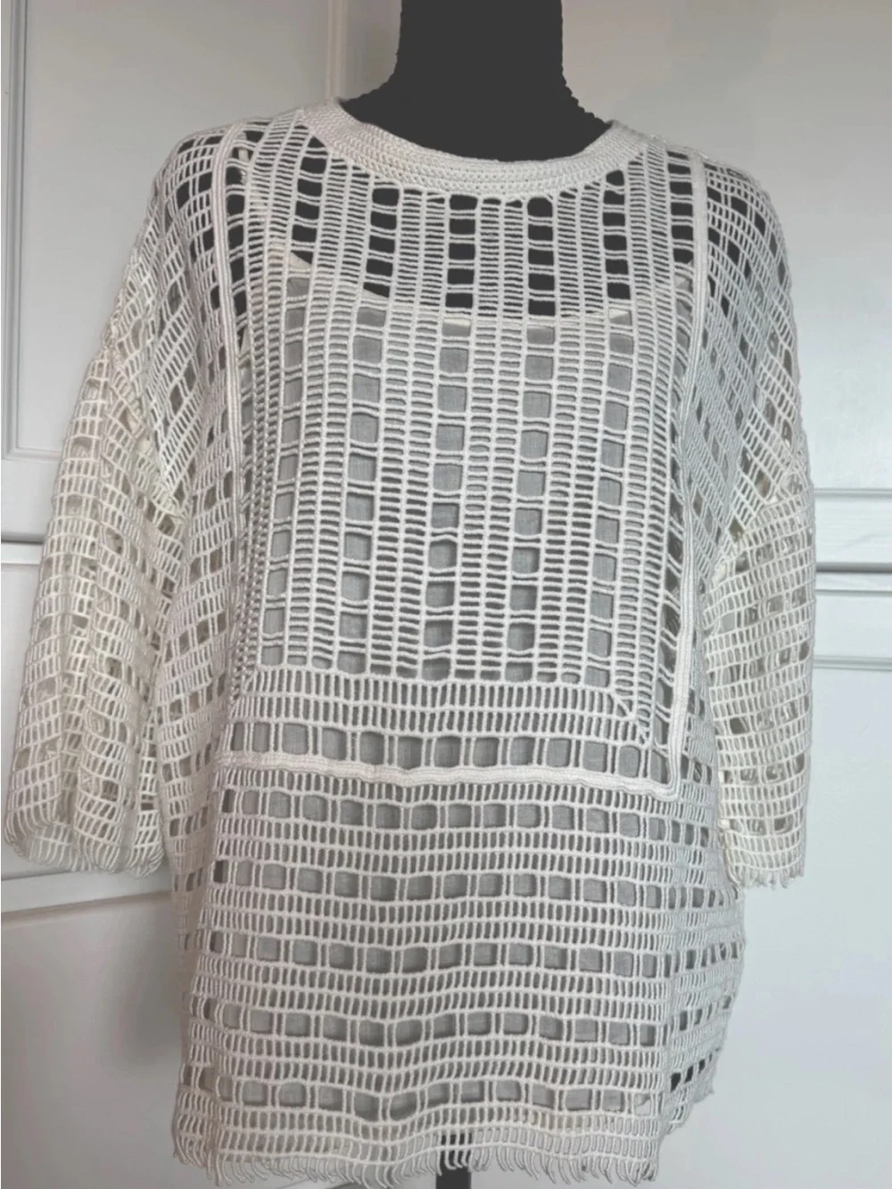 Tory Burch Open Knit Crochet Sweater M Ivory 100% Cotton 3/4 Sleeve Boho Coastal